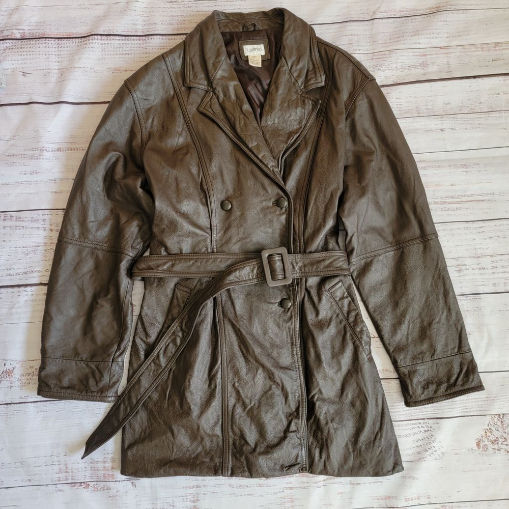 Vintage Together Brown Leather Belted Trench Jacket Missy XL